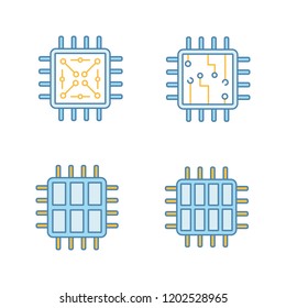Processors color icons set. Chip, microprocessor, integrated unit, six and octa core processors. Isolated vector illustrations