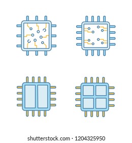 Processors color icons set. Chip, microprocessor, integrated unit, dual and quad core processors. Isolated vector illustrations