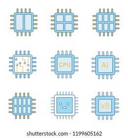 Processors color icons set. Dual, octa, quad, six core chips, CPU, sad processor, integrated circuit, AI microprocessor. Isolated vector illustrations