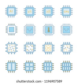 Processors color icons set. Multi-core processors. Chips, microchips, chipsets. CPU. Central processing units. Integrated circuits. Isolated vector illustrations