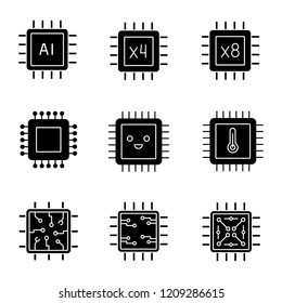 Processors glyph icons set. AI chip, quad, octa core processors, integrated circuit, microprocessor temperature, smiling chip. Silhouette symbols. Vector isolated illustration