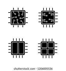 Processors glyph icons set. Chip, microprocessor, integrated unit, dual and quad core processors. Silhouette symbols. Vector isolated illustration