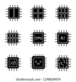 Processors glyph icons set. Dual, octa, quad, six core chips, CPU, sad processor, integrated circuit, AI microprocessor. Silhouette symbols. Vector isolated illustration