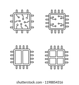 Processors linear icons set. Chip, microprocessor, integrated unit, dual and quad core processors. Thin line contour symbols. Isolated vector outline illustrations. Editable stroke