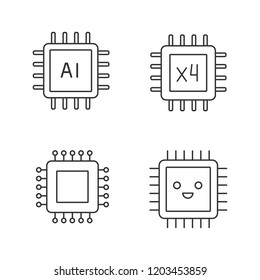 Processors linear icons set. Chip, integrated circuit for ai system, smiling microprocessor, quad core processor. Thin line contour symbols. Isolated vector outline illustrations. Editable stroke