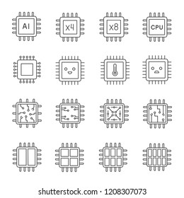 Processors linear icons set. Multi-core processors. Chips, microchips, chipsets. CPU. Central processing units. Integrated circuits. Isolated vector outline illustrations. Editable stroke