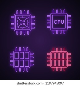 Processors neon light icons set. Chip, microprocessor, CPU, six and octa core processors. Glowing signs. Vector isolated illustrations