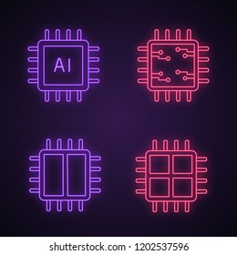 Processors neon light icons set. Microprocessor for ai system, chip, integrated circuit, dual and quad core processor. Glowing signs. Vector isolated illustrations