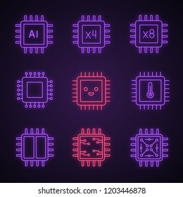 Processors neon light icons set. AI chip, quad, octa, dual core microprocessors, integrated circuit, smiling processor. Glowing signs. Vector isolated illustrations