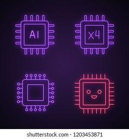 Processors neon light icons set. Chip, integrated circuit for ai system, smiling microprocessor, quad core processor. Glowing signs. Vector isolated illustrations