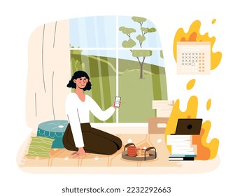 Procrastinate, break deadlines. Woman with smarthone sits at home and looks at burning stacks of papers. Poor time management and lazy employee. Inefficient workflow. Cartoon flat vector illustration