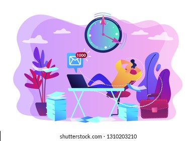 Procrastinating businessman sitting with legs on office desk postponing work. Procrastination, unprofitable time spending, useless pastime concept. Bright vibrant violet vector isolated illustration