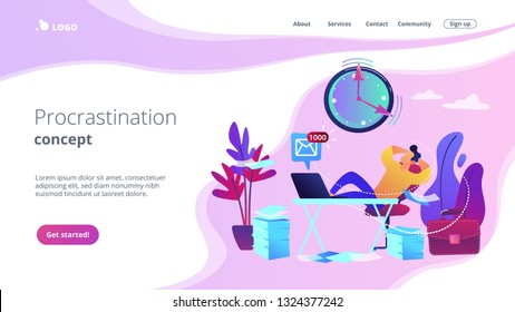 Procrastinating businessman sitting with legs on office desk postponing work. Procrastination, unprofitable time spending, useless pastime concept. Website vibrant violet landing web page template.