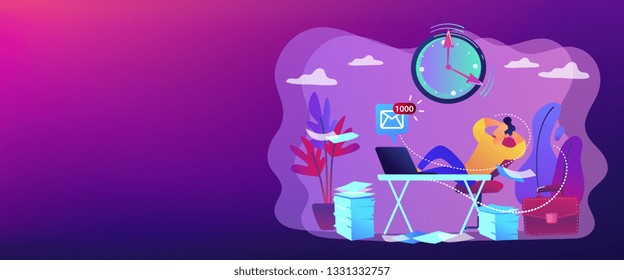 Procrastinating businessman sitting with legs on office desk postponing work. Procrastination, unprofitable time spending, useless pastime concept. Header or footer banner template with copy space.