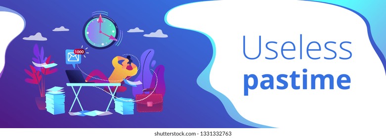 Procrastinating businessman sitting with legs on office desk postponing work. Procrastination, unprofitable time spending, useless pastime concept. Header or footer banner template with copy space.