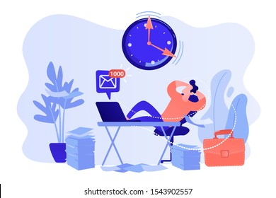 Procrastinating businessman sitting with legs on office desk postponing work. Procrastination, unprofitable time spending, useless pastime concept. Pinkish coral bluevector isolated illustration