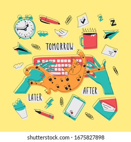 Procrastinating cat stretches out in arms, prevents person from working at the computer. Vector Illustration of hands on a keyboard with a cat surrounded by papers and tasks in flat cartoon style