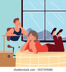 procrastinating couple relaxed in bedroom