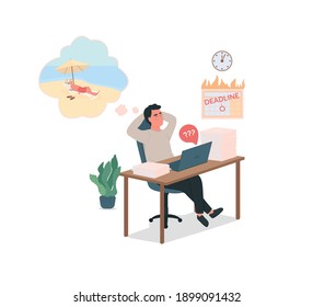 Procrastinating employee flat color vector detailed character. Urgent deadlines at work. Lazy man in office dreaming. Bad habit isolated cartoon illustration for web graphic design and animation