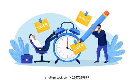 Procrastinating lazy businessman sitting in office with his legs up on alarm watch. Big sticky note with the word later on alarm clock. Procrastination and laziness, unproductive employee. Break time