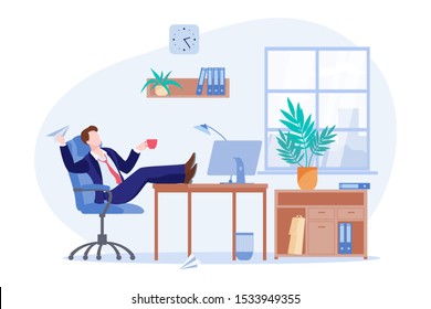 Procrastinating lazy freelancer or business man sitting at the desk in office. Vector flat cartoon illustration of manager's coffee break. Procrastination and delaying working tasks concept.