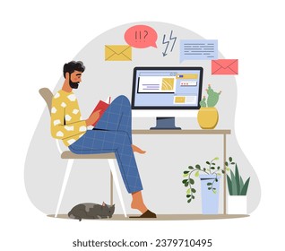 Procrastinating man indoor concept. Young guy with book sitting near table with computer. Mental and psychological problems. Cartoon flat vector illustration isolated on white background