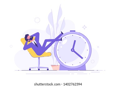 Procrastinating man sitting in the office with his legs up on an alarm watch. Procrastination and laziness concept. Vector illustration.