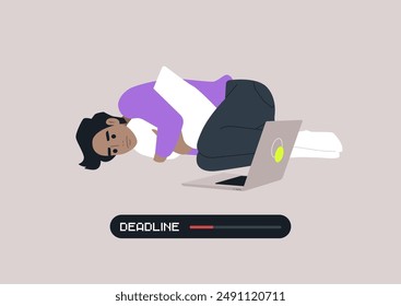 A procrastinating person lies curled up on the floor, hugging a pillow, with a laptop open nearby, A progress bar labeled Deadline shows the time running out