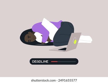 A procrastinating person lies curled up on the floor, hugging a pillow, with a laptop open nearby, A progress bar labeled Deadline shows the time running out