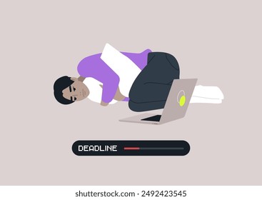 A procrastinating person lies curled up on the floor, hugging a pillow, with a laptop open nearby, A progress bar labeled Deadline shows the time running out