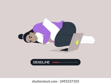 A procrastinating person lies curled up on the floor, hugging a pillow, with a laptop open nearby, A progress bar labeled Deadline shows the time running out