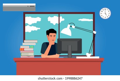 procrastinating person sitting ar the desk, cartoon vector illustration