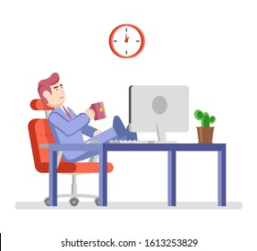 A procrastinating person is sitting in an office. The concept of procrastination. Vector illustration in flat style.