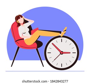 Mujer retrasada sentada en la oficina con las piernas arriba en un reloj de alarma. Procrastinación y concepto de pereza. Ilustración vectorial.