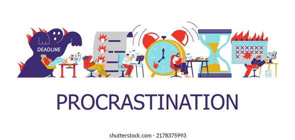 Procrastination banner, people break deadlines and are lazy to work, flat vector illustration on white background. To do list, alarm clock, hourglasses and calendar. Characters postpone business.