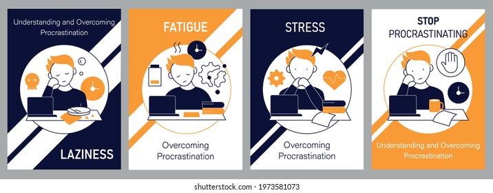 Procrastination brochures icons. Laziness and stress, fatigue and stop procrastinating. Flyers, magazines, posters,booklets. Overwhelmed infographic concept.Layouts illustrations pages with icons