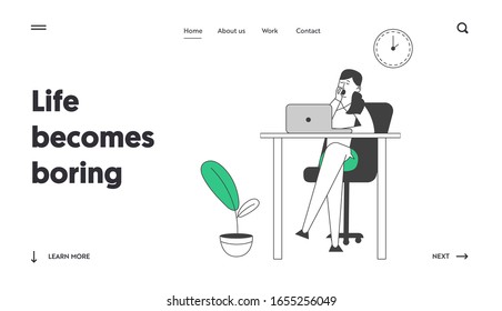 Procrastination, Business Laziness Website Landing Page. Procrastinating Lazy Businesswoman Employee Yawning at Workplace Sit at Office Desk Web Page Banner. Cartoon Flat Vector Illustration Linear