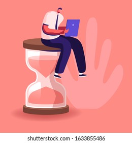 Procrastination in Business Process Concept. Businessman Sitting on Hourglass with Laptop in Hands. Time Management, Multitasking, Working Productivity Infographics. Cartoon Flat Vector Illustration