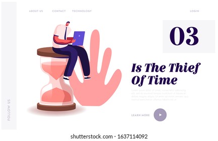 Procrastination in Business Process Website Landing Page. Businessman Sitting on Hourglass with Laptop in Hands. Time Management, Working Productivity Web Page Banner. Cartoon Flat Vector Illustration