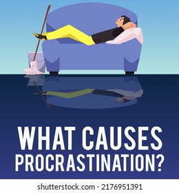 Procrastination causes banner with sleepy lazy man refusing to work, flat cartoon vector illustration. Delaying or postponing of work and duties or procrastination.