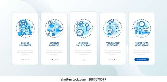 Procrastination causes onboarding mobile app page screen with concepts. Hesitancy, willpower lack walkthrough 5 steps graphic instructions. UI vector template with RGB color illustrations