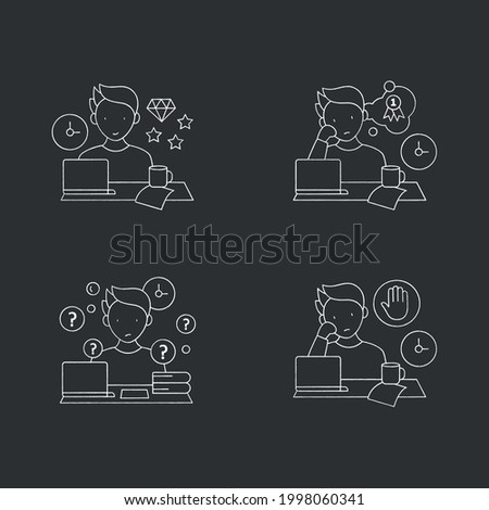 Procrastination chalk icons set. Perfectionist, dreamer, overdoer procrastinator. Overwhelmed concept. Isolated vector illustrations on chalkboard