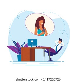 Procrastination Character Weakness Cartoon Flat. Man at Work Postpones Important Matters, does not know how to Organize Work Processes. Employee Dreams Women Instead Work. Vector Illustration.