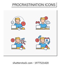 Procrastination color icons set. Laziness, brain procrastination, statistics, chronic. Overwhelmed concept. Isolated vector illustrations