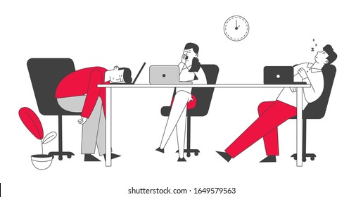 Procrastination Concept. Boring, Procrastinating and Lazy Businesspeople Employees Sleeping and Yawning at Workplace Office Desk Postponing Work, Unprofitable Time. Cartoon Flat Vector Illustration