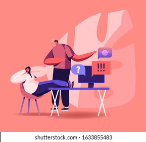 Procrastination Concept. Boss Yelling on Procrastinating Lazy Businesswoman Employee Sleeping at Workplace with Legs on Office Desk, Postponing Work Unprofitable Time. Cartoon Flat Vector Illustration