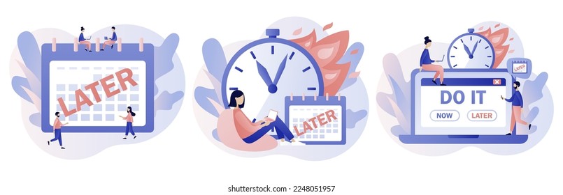 Procrastination concept. Do it later. Tiny people procrastinating instead of working. Unprofitable time spending, useless pastime. Lazy, unproductive. Modern flat cartoon style. Vector illustration