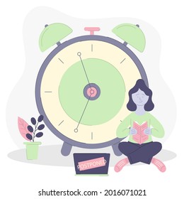 Procrastination concept. Home online work, freelance. Quarantine self-isolation. Burning deadline. Sleepy person idleness, break. Overload, fatigue. Lazy, tired office worker. Vector illustration. 
