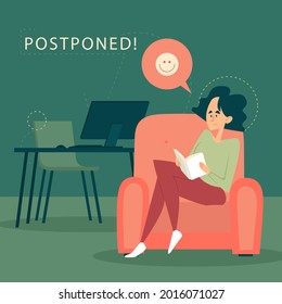 Procrastination concept. Home online work, freelance. Quarantine self-isolation. Burning deadline. Sleepy person idleness, break. Overload, fatigue. Lazy, tired office worker. Vector illustration. 
