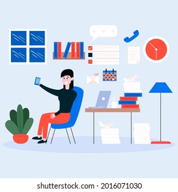 Procrastination concept. Home online work, freelance. Quarantine self-isolation. Burning deadline. Sleepy person idleness, break. Overload, fatigue. Lazy, tired office worker. Vector illustration. 